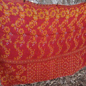 Kantha Quilt Red Marigold Green 54" x 85" Premium 3 Layer Cotton Reversible K77